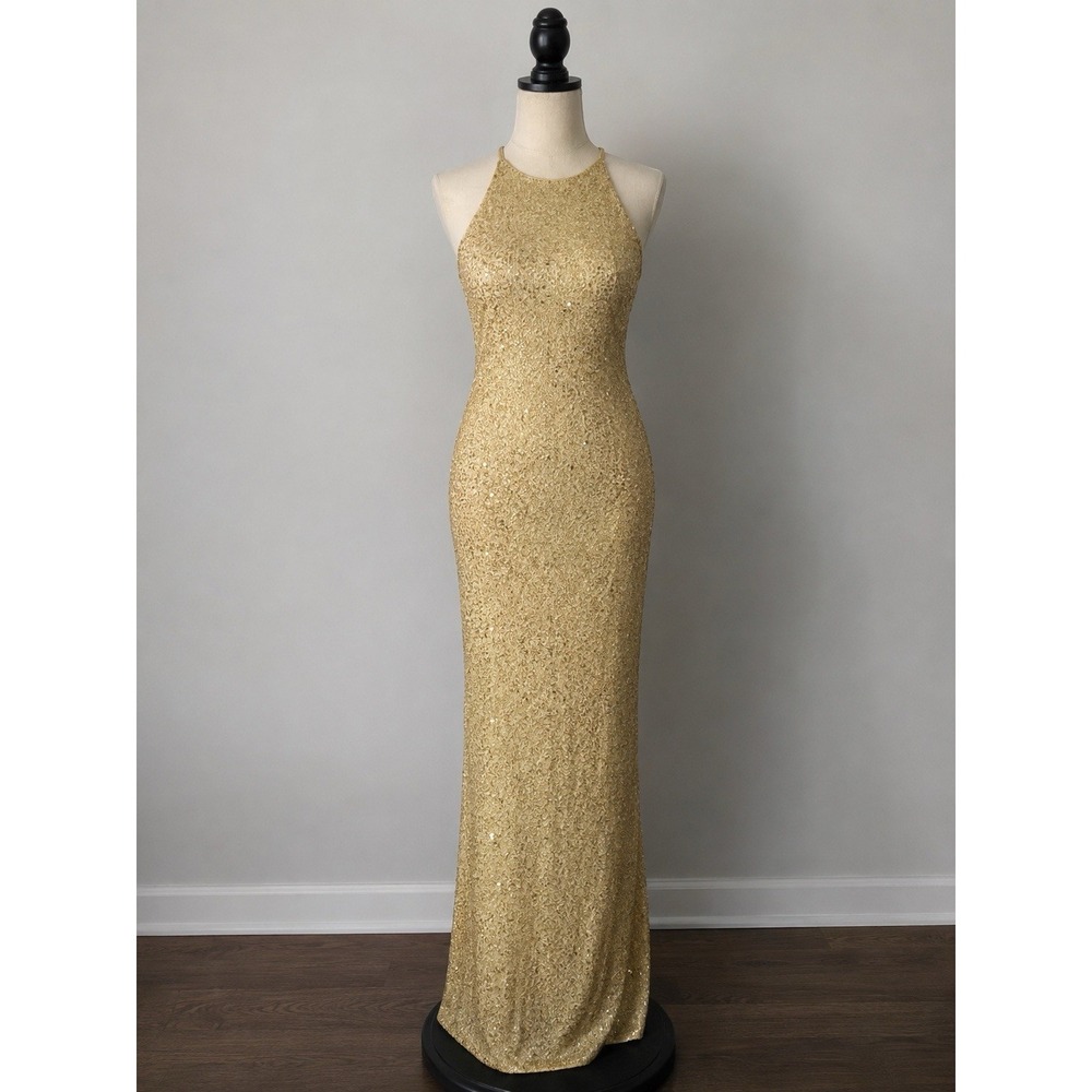 Vintage Morgan and Co Linda Bernell Gold Sequin Beaded Halter Formal Gown Y2K